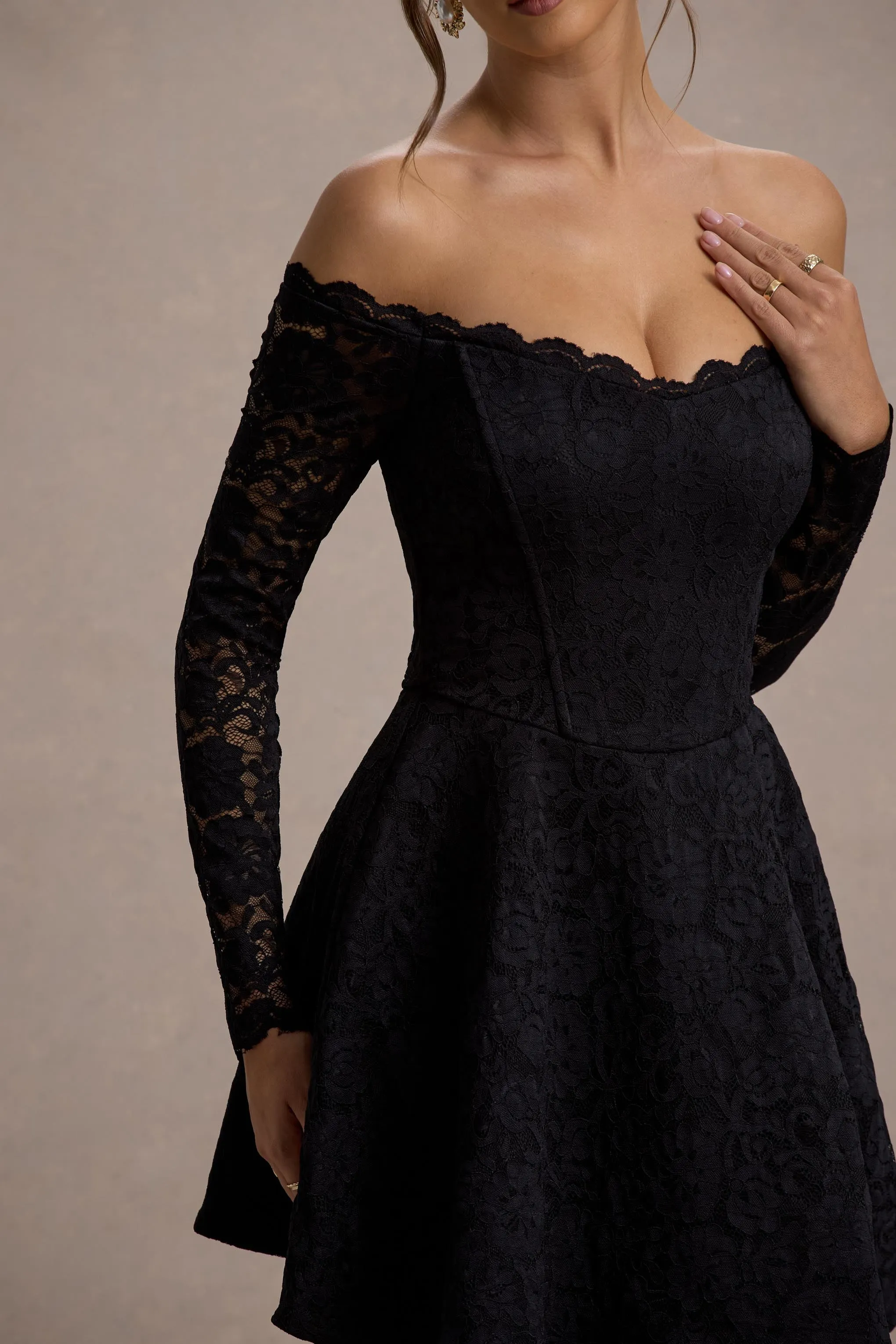 Alliste | Black Lace Bardot Mini Dress