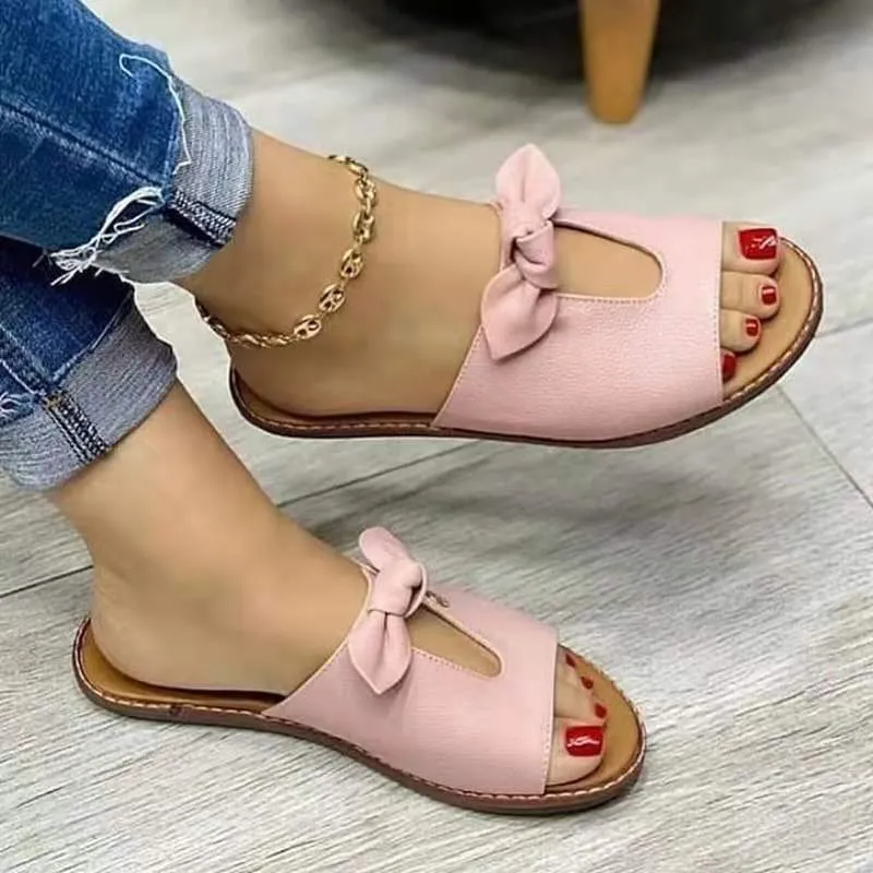 Amozae New Summer New Women Leisure Fashion Bow Flat Sandals Sandals Comfortable Soft Bottom Women's Breathable Beach Sandals