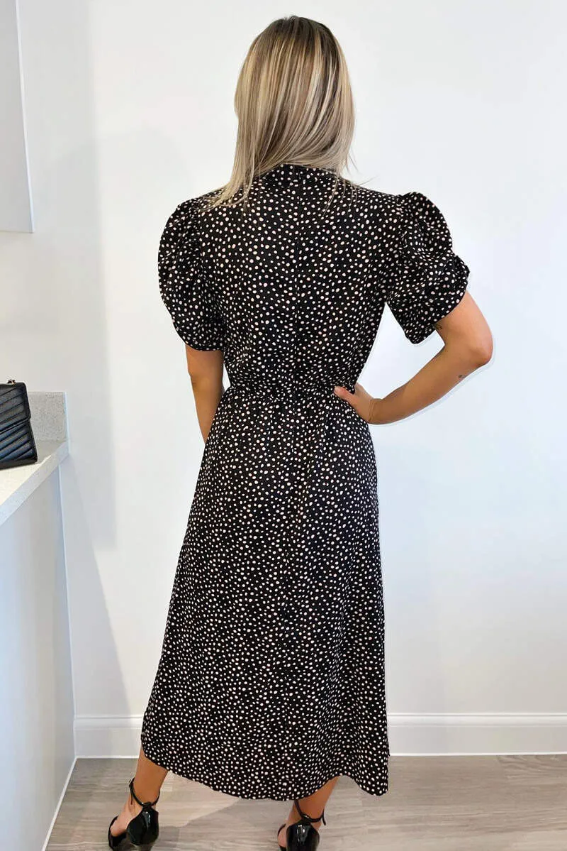 Black and Pink Polka Dot Puff Sleeve Midi Dress