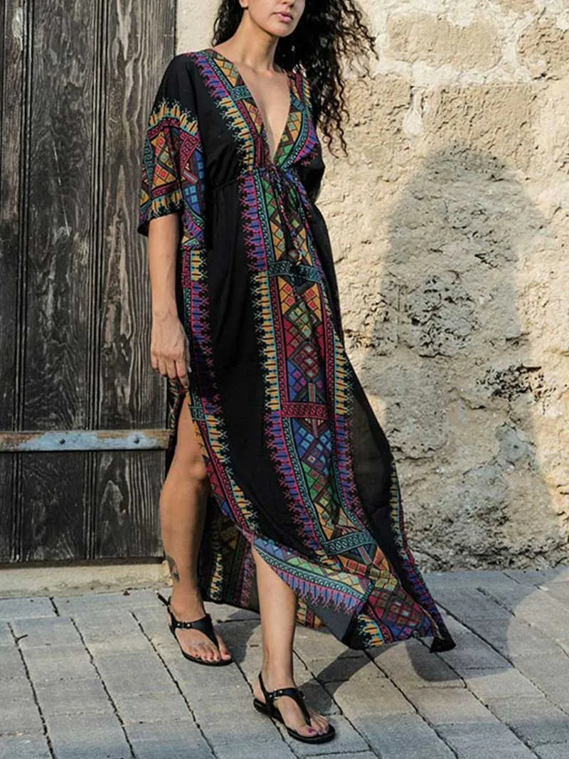 Bohemian Print Cotton Short Sleeves Kaftan Dress