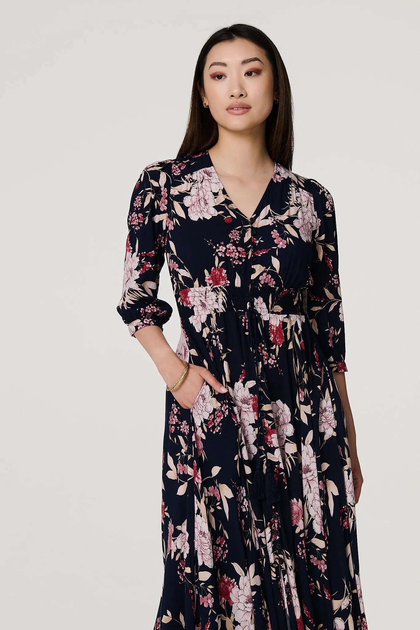 Floral 3/4 Sleeve A-Line Maxi Dress