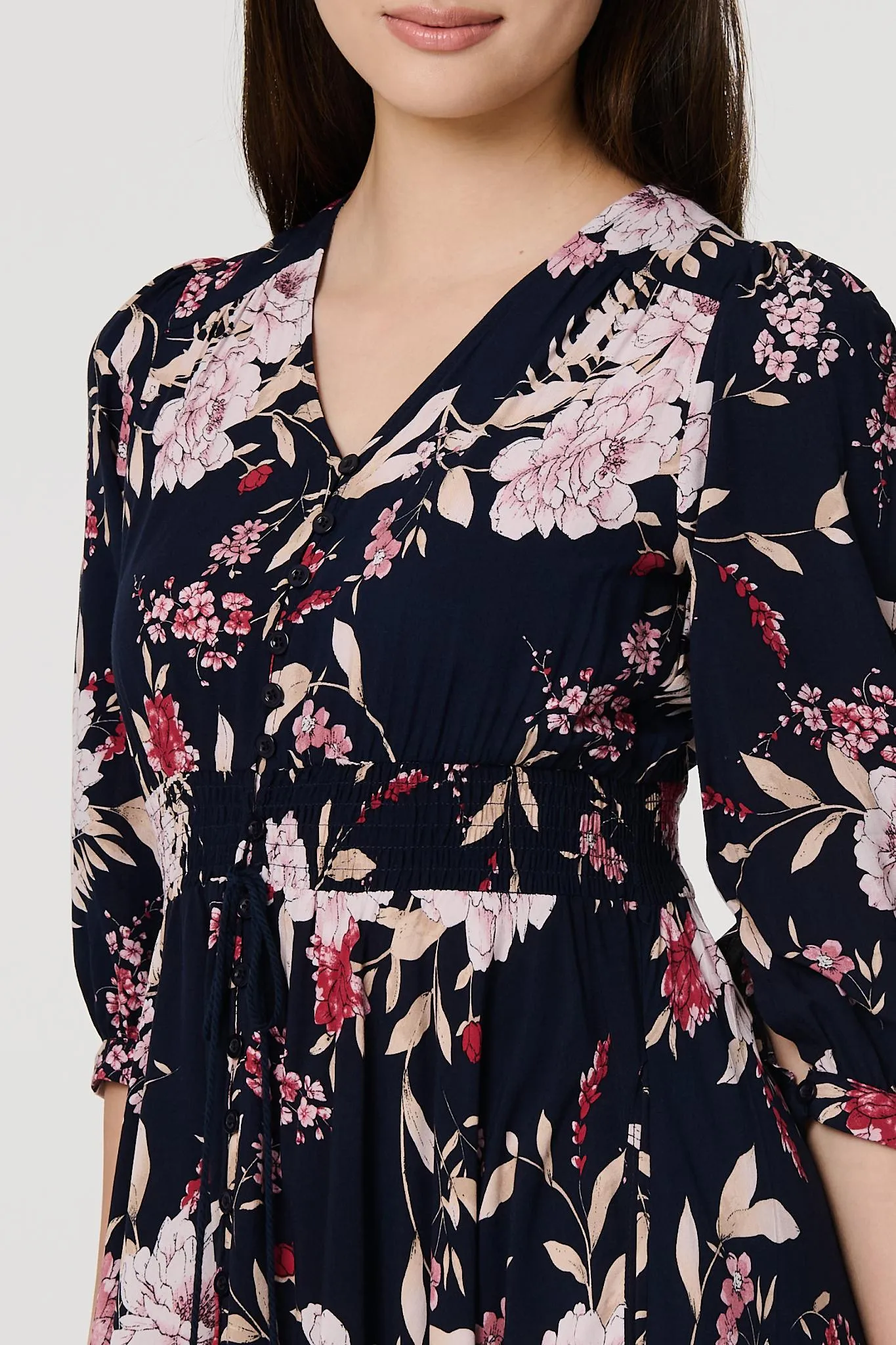 Floral 3/4 Sleeve A-Line Maxi Dress