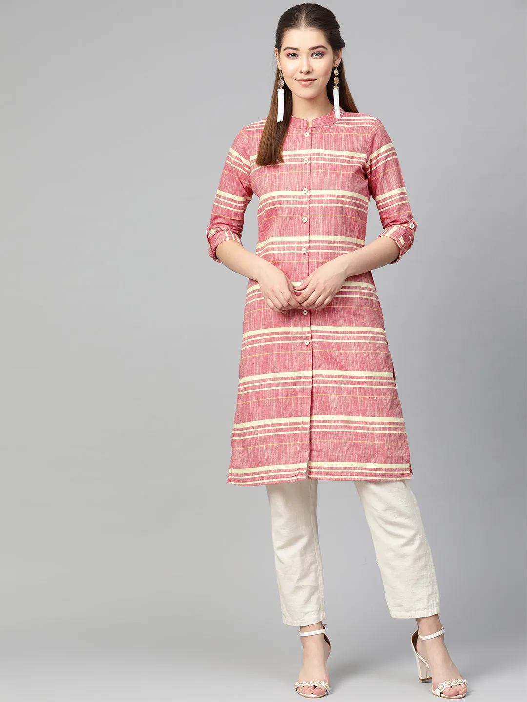 Jashvi Women Red & Yellow Self-Striped Straight Kurta