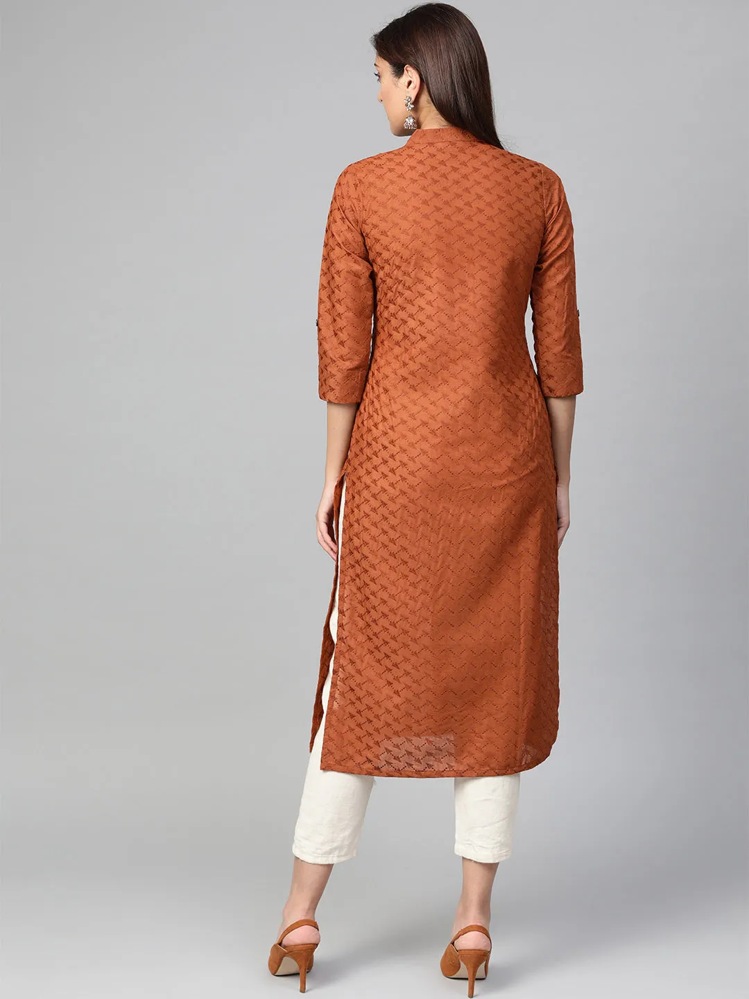 Jashvi Women Rust Brown Embroidered Straight Kurta