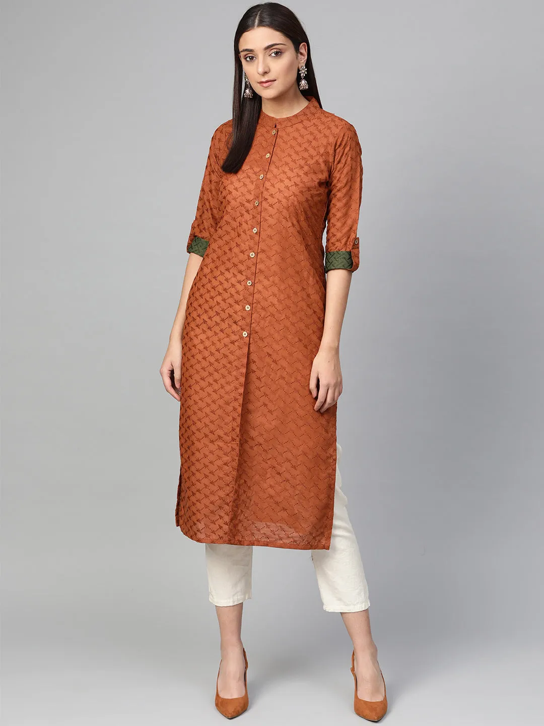 Jashvi Women Rust Brown Embroidered Straight Kurta