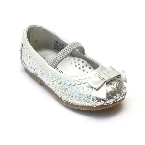 L'Amour Girls D401 Glitter Silver Bow Flats