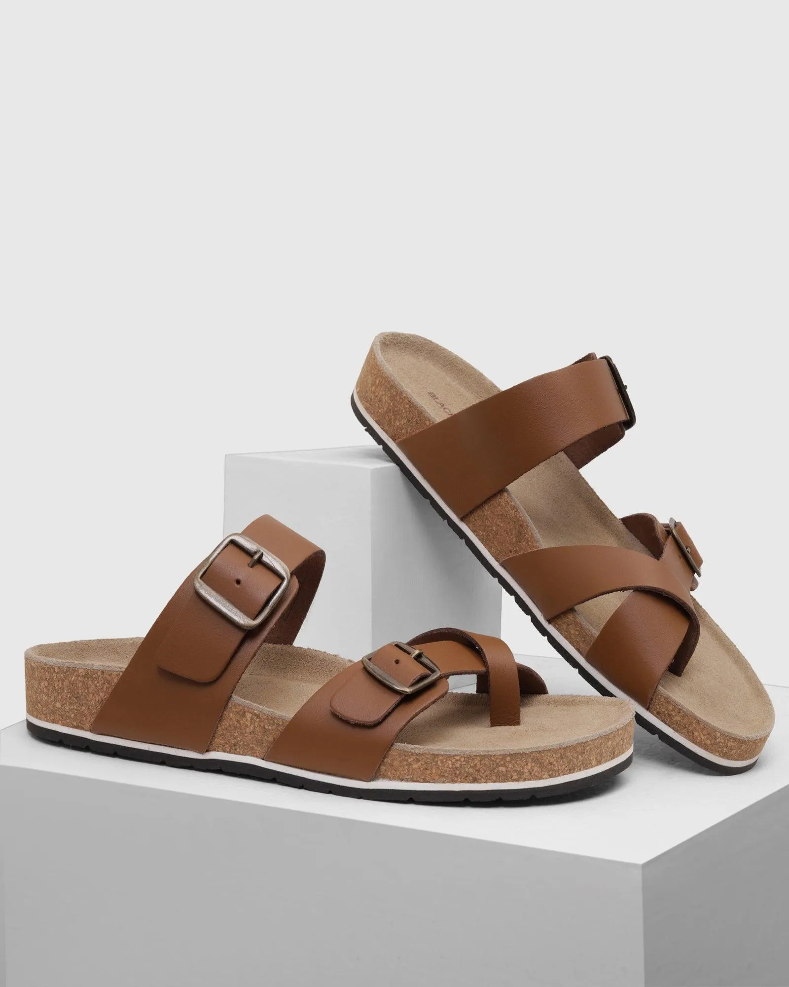 Leather Tan Solid Sandals - Sole