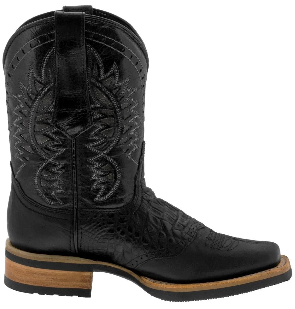 Mens Black Western Leather Cowboy Boots Alligator Print - Square Toe