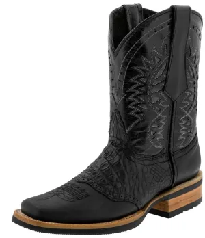 Mens Black Western Leather Cowboy Boots Alligator Print - Square Toe