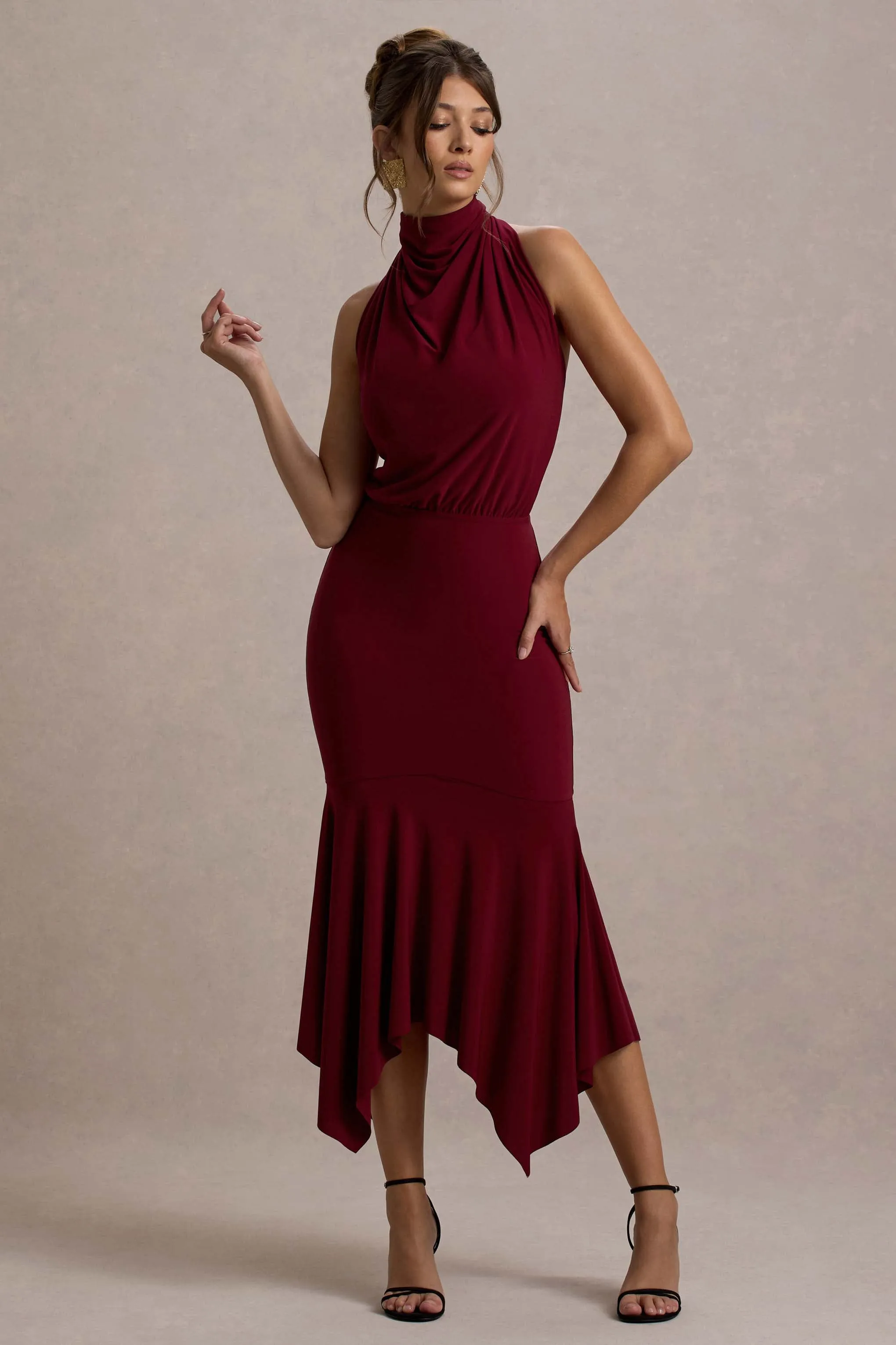 Prianyka | Berry High-Neck Draped Maxi Dress