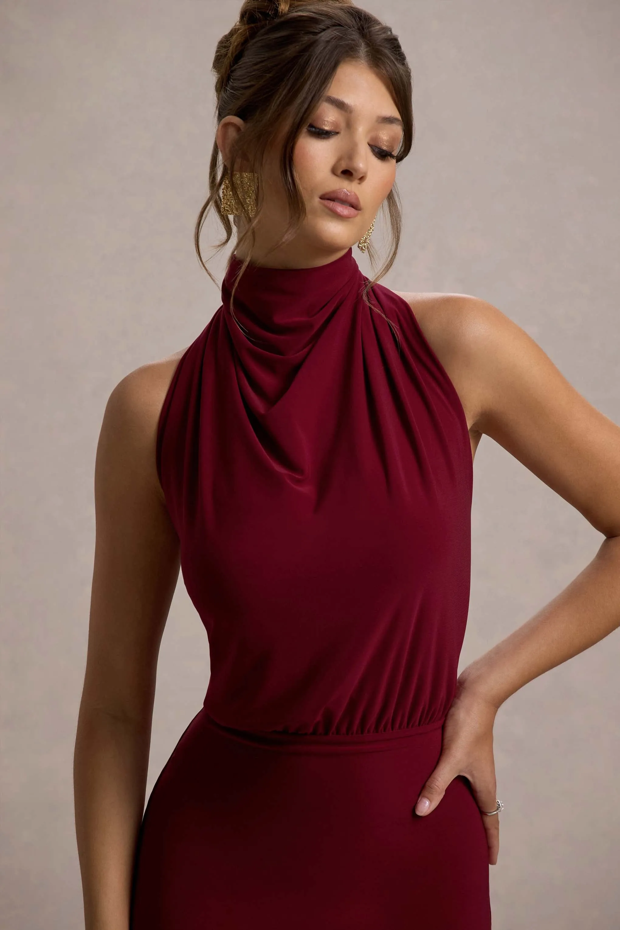 Prianyka | Berry High-Neck Draped Maxi Dress