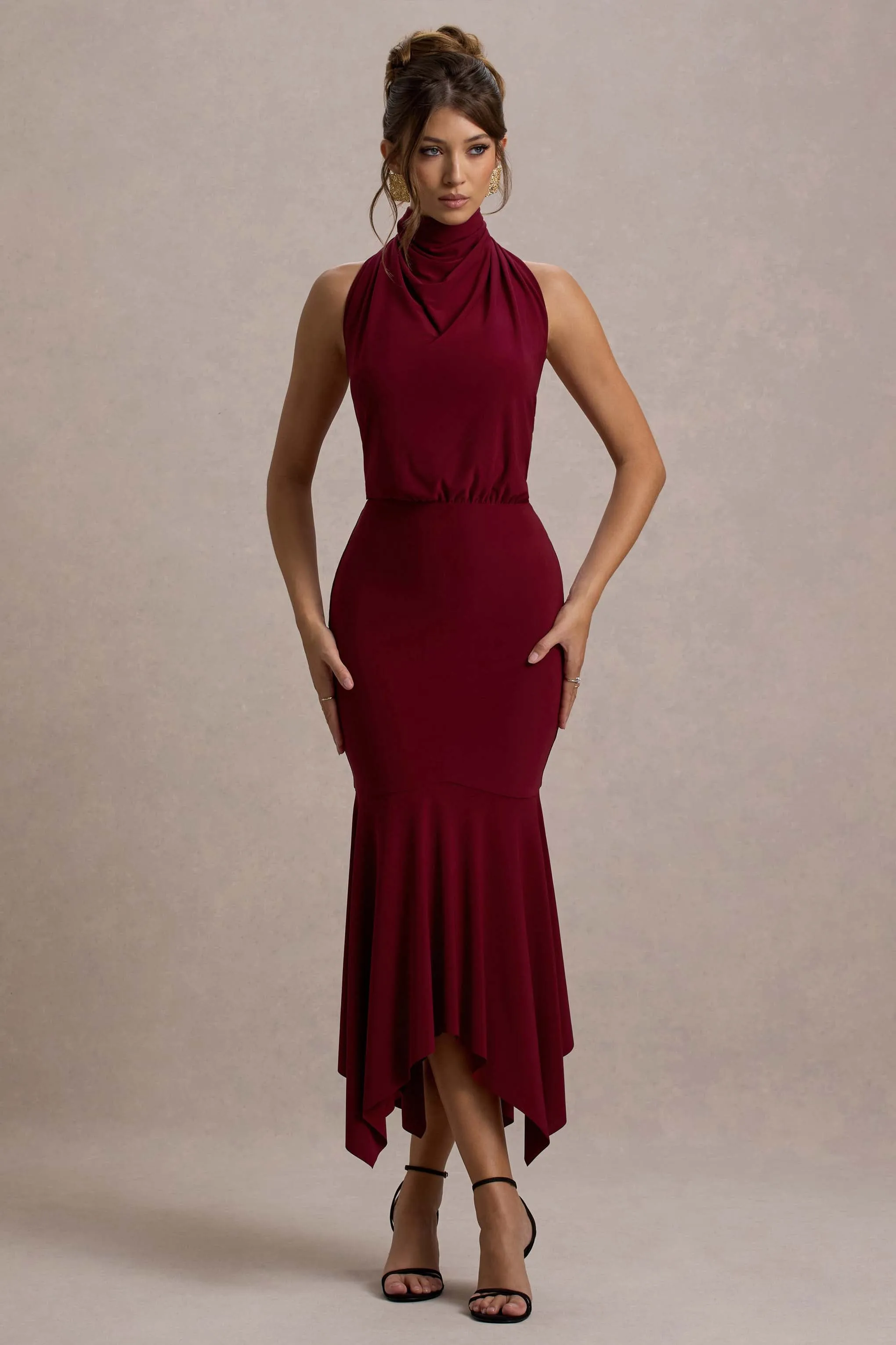 Prianyka | Berry High-Neck Draped Maxi Dress