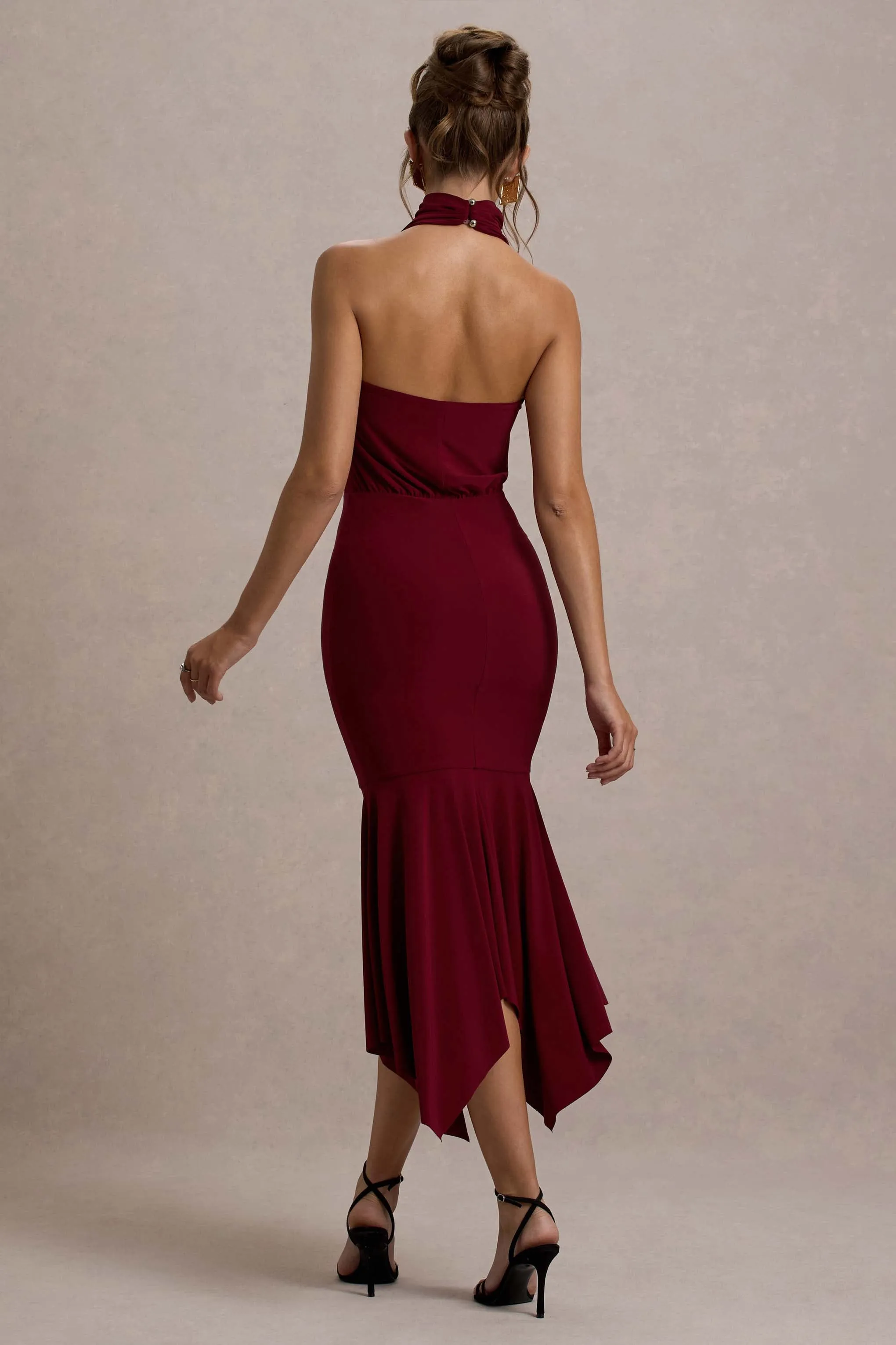 Prianyka | Berry High-Neck Draped Maxi Dress