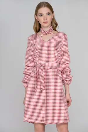 Red Gingham Puff Sleeves Midi Dress