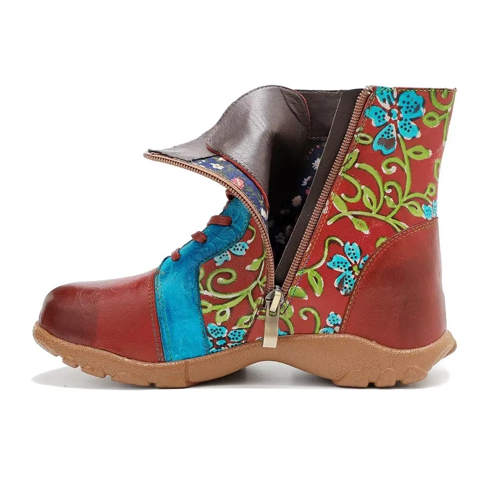 RetroLuxe Printed Cow Leather Low Kitten Heeled Boots