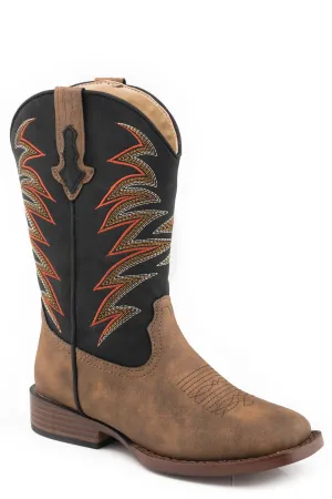 Roper Boys Kids Tan/Black Faux Leather Clint Jagged Cowboy Boots