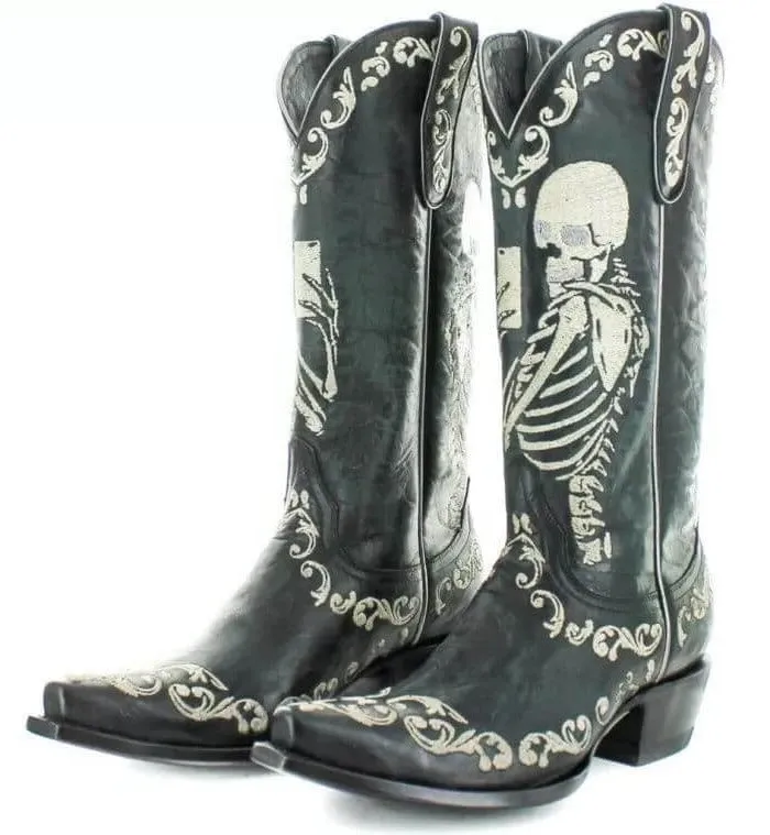 Skull Skeleton Embroidery Black Cowboy Cowgirl Boots