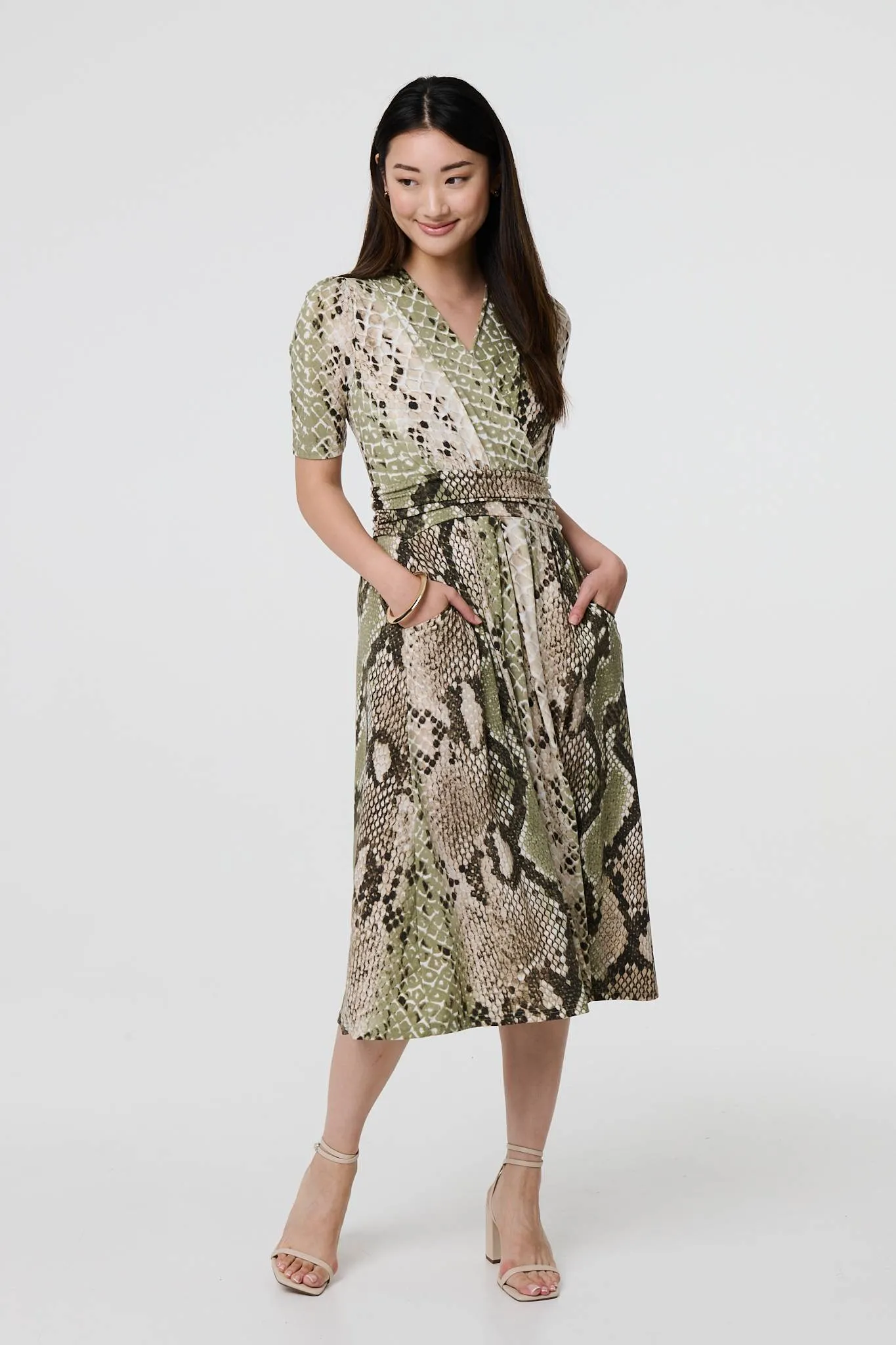 Snake Print 1/2 Sleeve Jersey Midi Dress