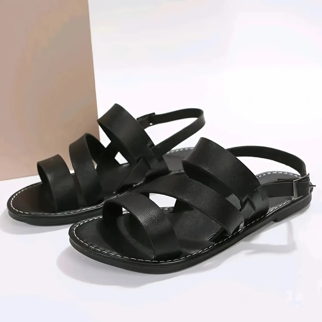 Stylish Women's Roman Flat Sandals - Comfortable Solid Color Open Round Toe Ankle Strap Shoes with Adjustable Buckle, Perfect for Casual Beach, Summer, Vacation, and Outdoor Activities