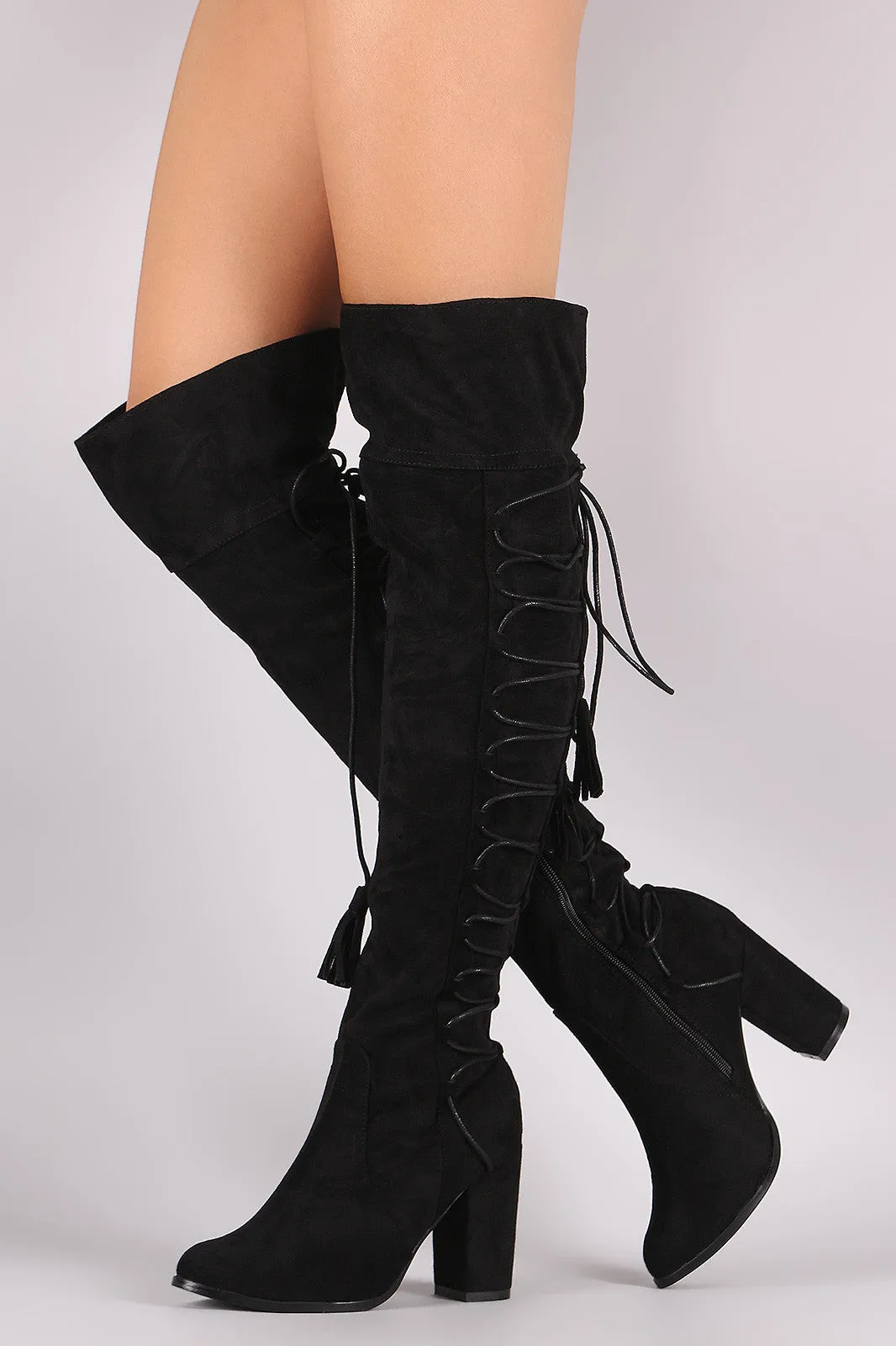 Suede Back Tassel Corset Lace Up Chunky Heeled Over-The-Knee Boots