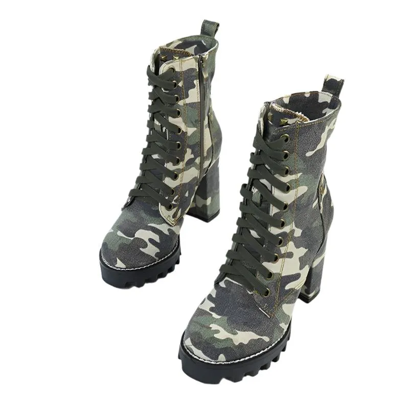 TEEK - Camouflage Lace Up Chunky Heel Denim Boots