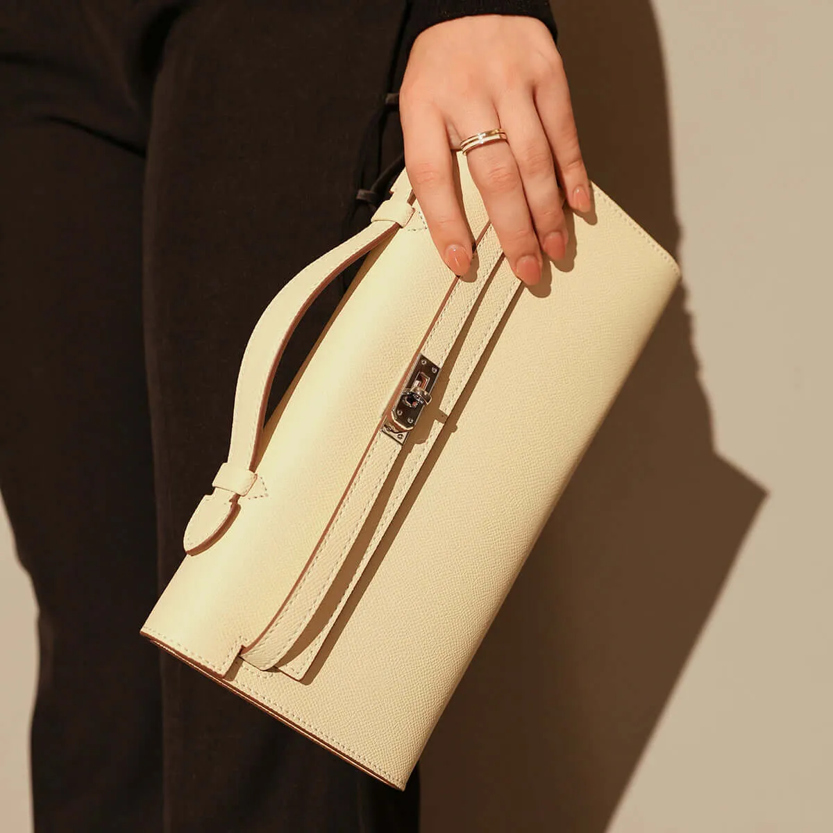 Top-Handle Leather Clutch Bag with Silver Hardware