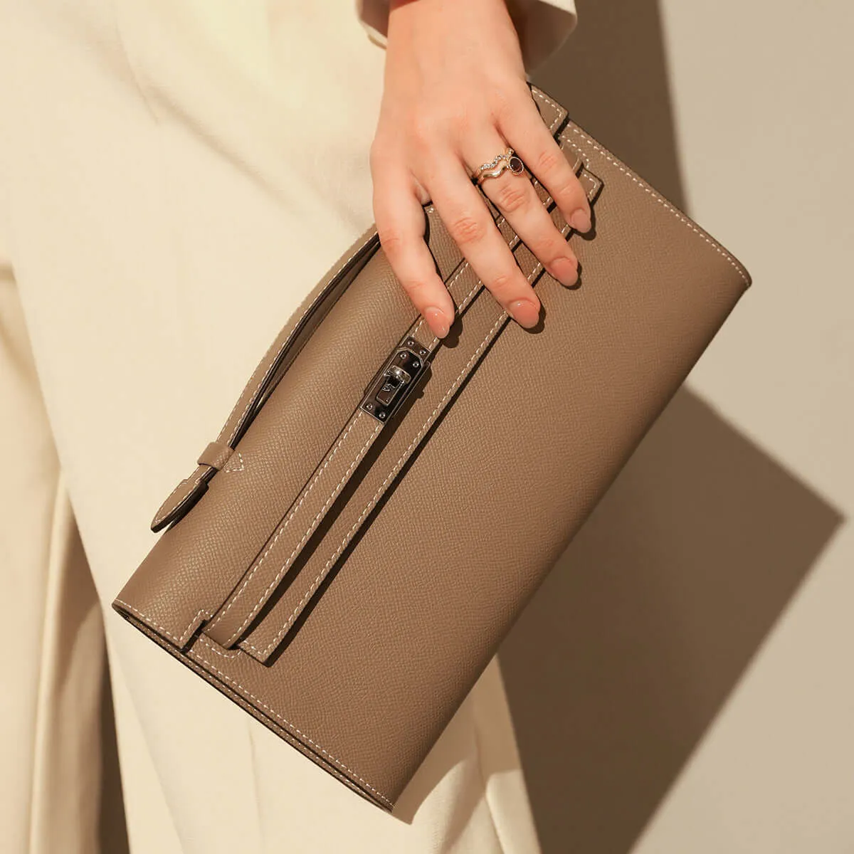 Top-Handle Leather Clutch Bag with Silver Hardware