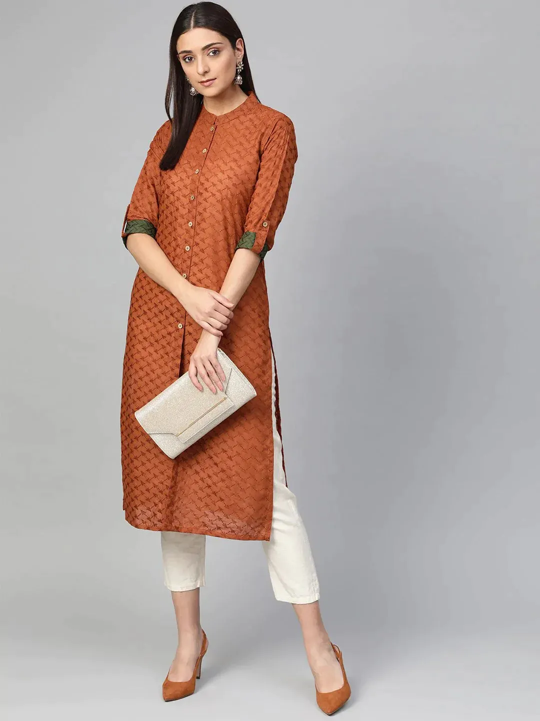 Women Rust Brown Embroidered Straight Kurta