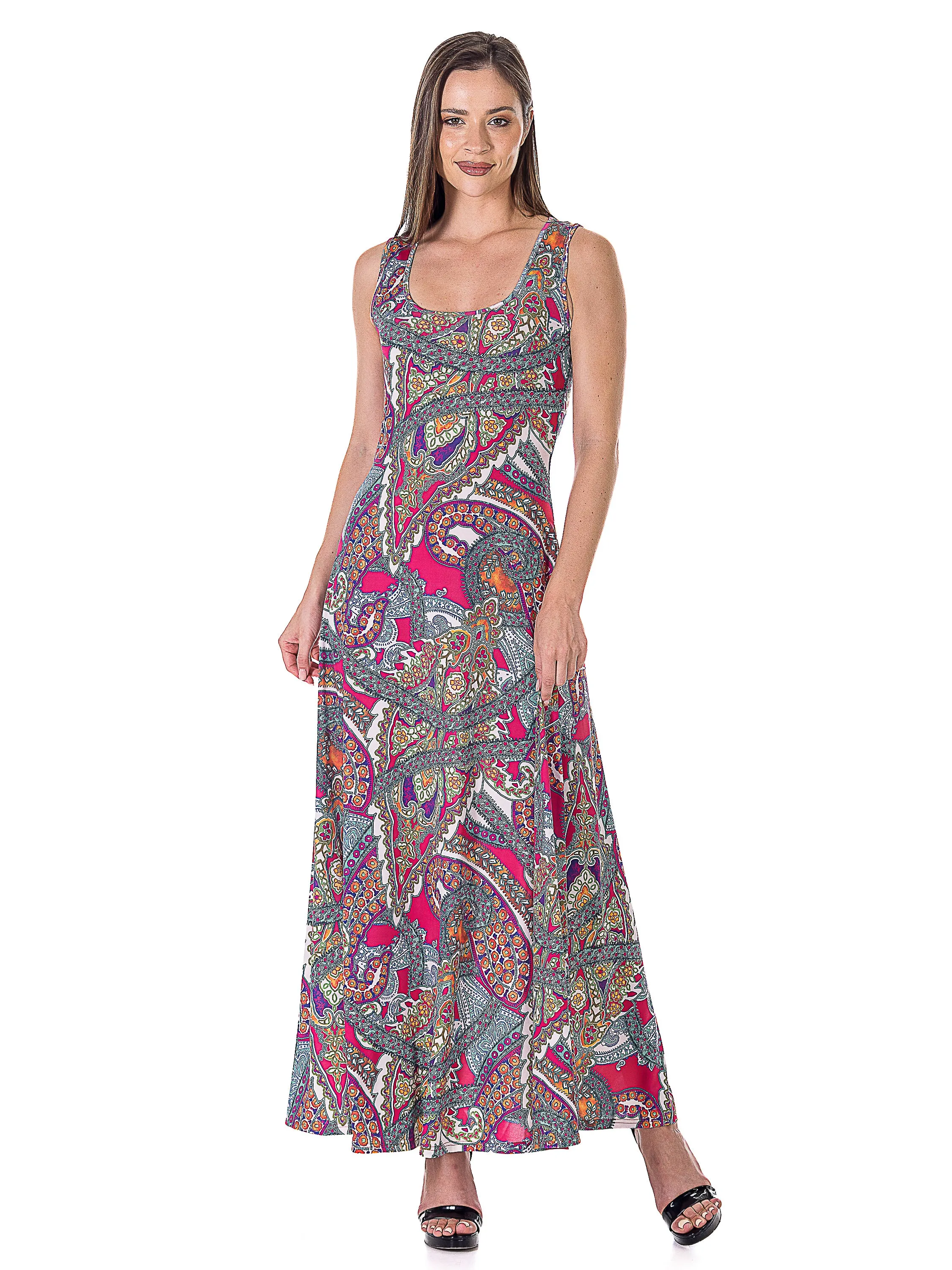 Womens Pink Paisley Print Scoop Neck A Line Sleeveless Maxi Dress